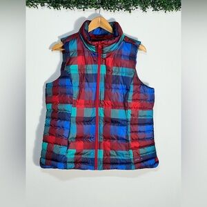 Lands' End Red Blue Turquoise Plaid Down Puffer Vest Large